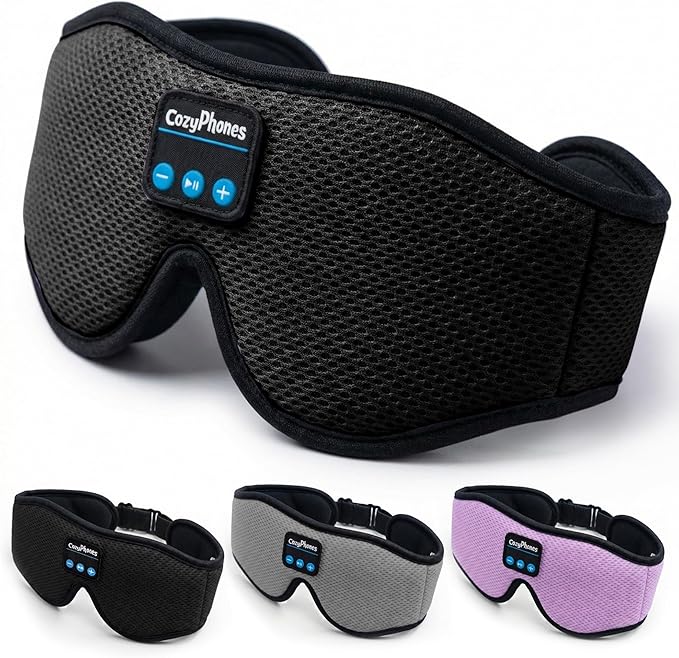 CozyPhones Bluetooth Sleep Mask with Headphones – 3D Contoured Memory Foam Eye Mask, Wireless Eye Mask for Sleeping, Adjustable Sleep Headphones, Bluetooth 5.4, 14H Playtime - Black