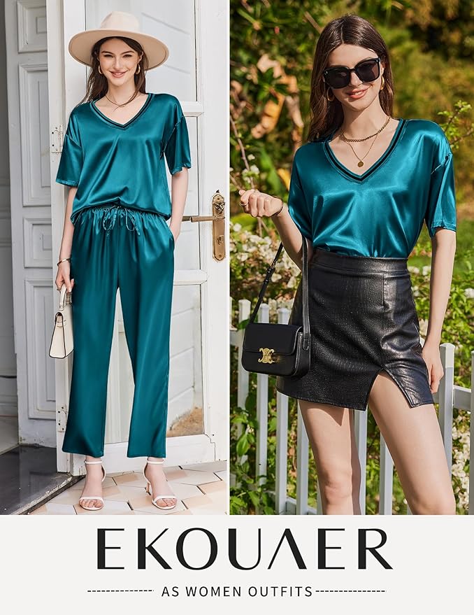 Ekouaer Satin Pajama Set for Women Short Sleeve Silky Pjs 2 Piece Lounge Sets Soft Comfy Sleepwear Loungewear S-XXL
