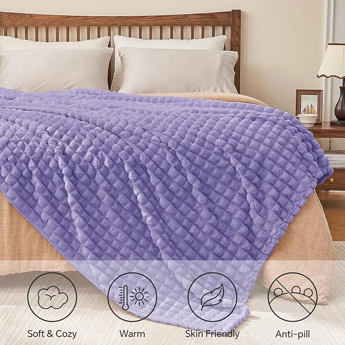 BEDELITE Lavender Throw Blanket for Couch and Bed- Super Soft and Warm 3D Checkered Fluffy Fuzzy Fleece Blanket, Luxurious Plush Cozy Blanket for Room Decor Spring, 50x60 inches