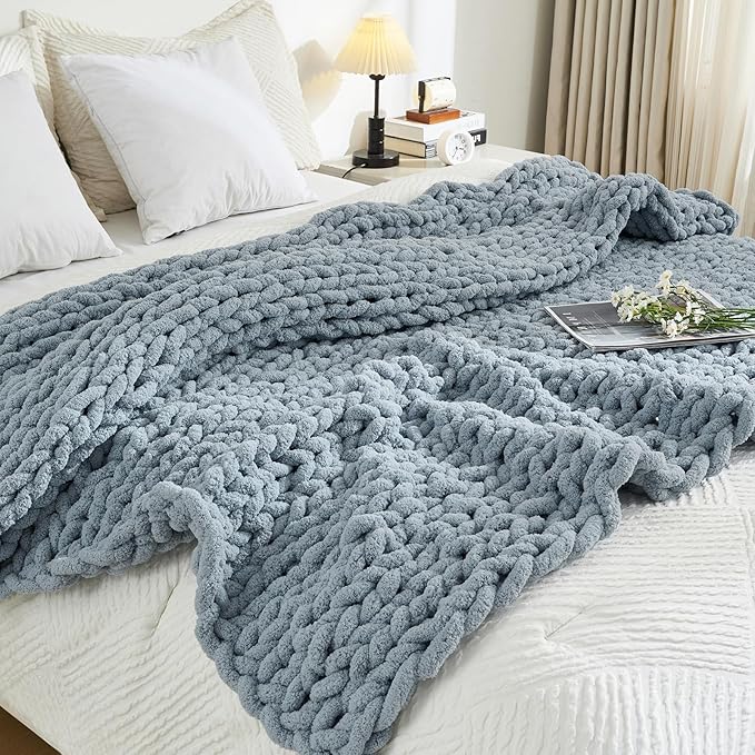 YAAPSU Chunky Knit Throw Blanket for Couch, 51"x63", 100% Hand Knitted Thick Cable Knit with Cozy Jumbo Chenille Yarn, Soft Large Rope Knot Crochet Blankets for Sofa Bed Living Room Décor, Fog Blue