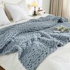 YAAPSU Chunky Knit Throw Blanket for Couch, 51"x63", 100% Hand Knitted Thick Cable Knit with Cozy Jumbo Chenille Yarn, Soft Large Rope Knot Crochet Blankets for Sofa Bed Living Room Décor, Fog Blue