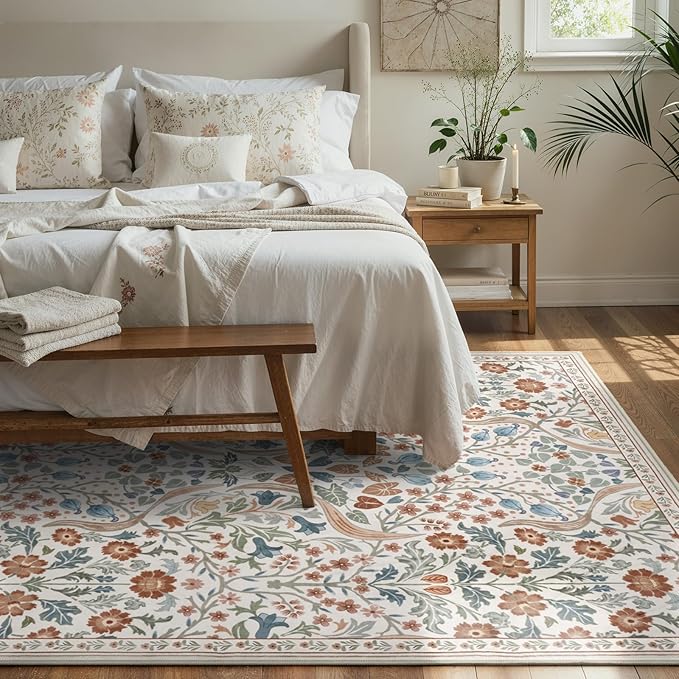 Lahome Claude Floral 5x7 Beige Bedroom Rug, Non-Slip Washable Area Rugs for Nursery, Botanical Soft Boho Carpet Floor Mats for Kids, Playroom, Living Room