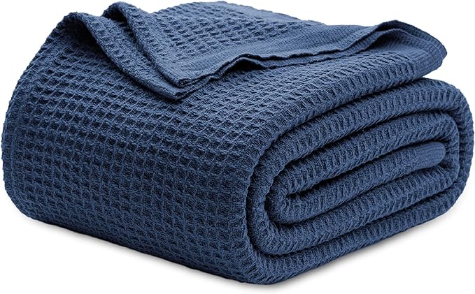 Bedsure Gentlesoft 100% Cotton Blanket Twin XL Size for College Dorm - Cooling Breathable and Soft for Spring Summer, Waffle Weave Twin Blanket for Bed, Dorm Room Essentials, Navy, 66x90 inches