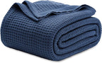 Bedsure Gentlesoft 100% Cotton Blanket Twin XL Size for College Dorm - Cooling Breathable and Soft for Spring Summer, Waffle Weave Twin Blanket for Bed, Dorm Room Essentials, Navy, 66x90 inches