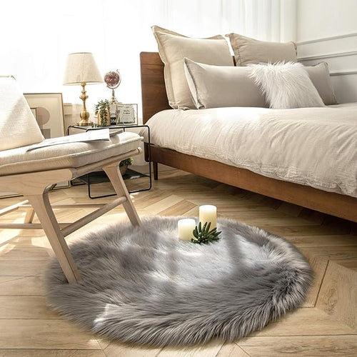 Ashler Faux Fur Rug, Fluffy Shaggy Area Rug Ultra Soft 3 x 3 Feet Round Fur Rug, Grey Fuzzy Rug Machine Washable Shag Rug, Nursery Decor Throw Rugs for Bedroom, Kids Room, Living Room