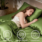 Love's cabin Satin Queen Bed Sheet Set - 4 Piece, Sage, Silky Soft, Deep Pocket, Luxury Feel