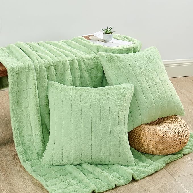 Striped Throw Blanket and Pillow Covers Set (No Inserts) for Couch and Bed, Plush Warm Lightweight Fuzzy Faux Fur Blanket for All Seasons (50" x 60", Light Green)