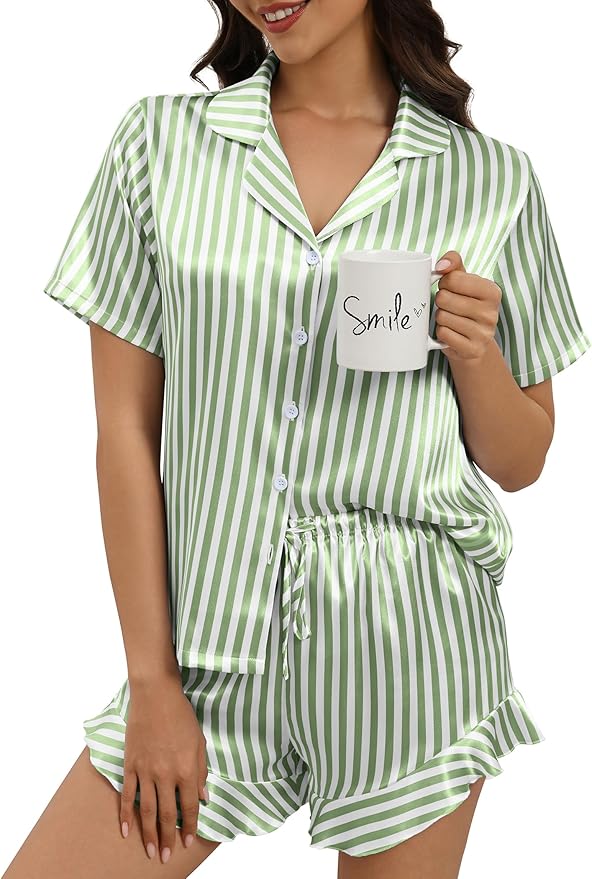Silk Pajamas for Women Button Down 2 Piece Satin Pjs Shorts Set Ruffle Notch Collar Sleepwear Loungewear