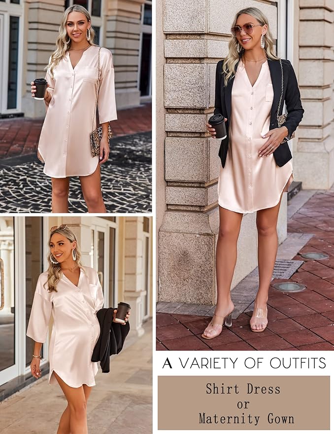 Ekouaer Satin Nightgowns for Women Silk Sleepwear Button Down Sleepshirt 3/4 Sleeve V-Neck Nightshirts with Pockets