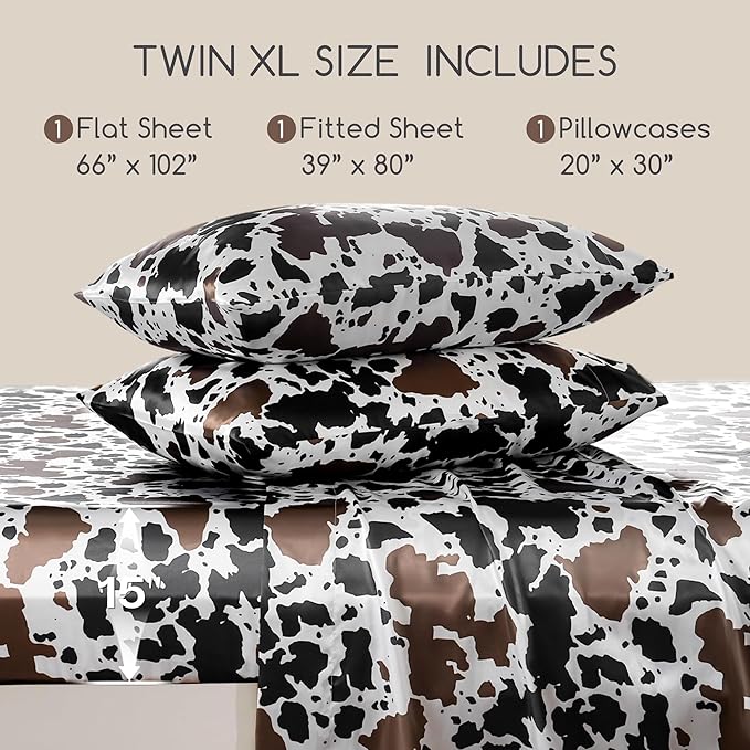 MR&HM Satin Sheets with Elastic Corner Straps, Twin XL Size 3-Piece Silky Bedding Set, Deep Pocket 15 Inches, Good for Hair & Skin (Twin XL, Cow Print)