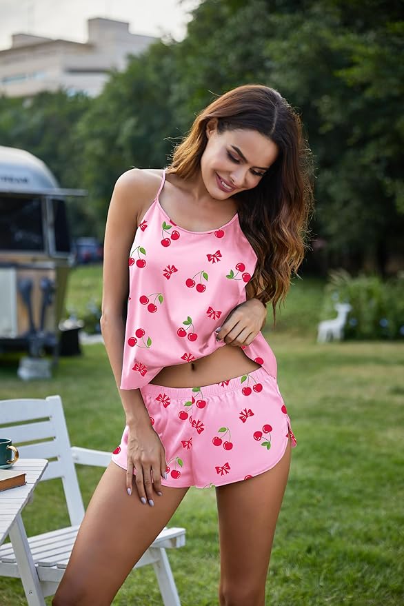 Ekouaer Silk Pajamas Set for Women Satin Backless Lingerie Pjs Cami Top and Shorts Nightwear