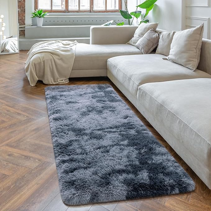 Softlife Area Rug for Bedroom, Fluffy Shag Plush Tie Dyed Rainbow Blue for Living Room Girls, Shaggy Throw Carpet for Kids Soft Fuzzy Runner Small 2x6 Runners for Hallways Dorm