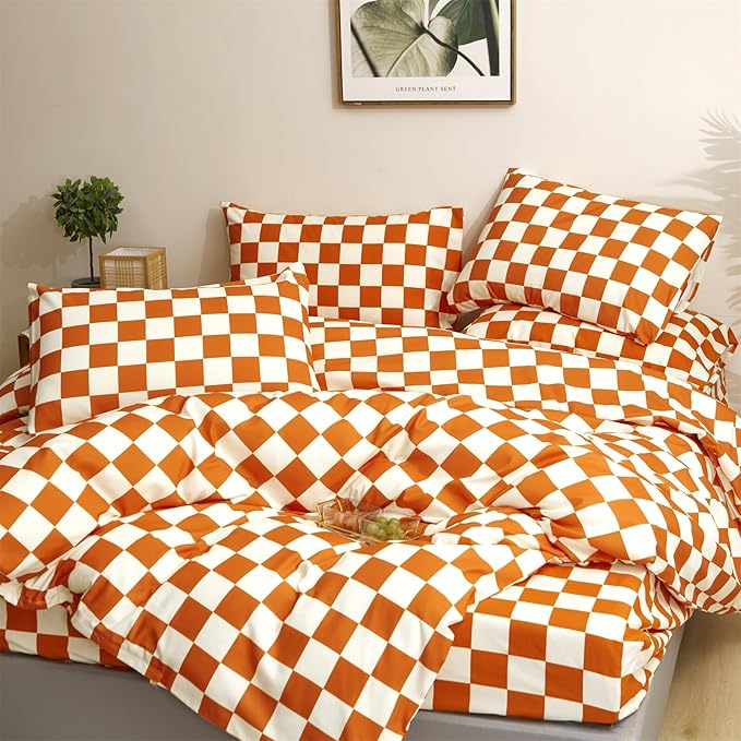 CLOTHKNOW Orange Plaid Comforter Set King Size Grid Bedding Comforter Sets Soft Lightweight Caramel Comforter King Checker Comforter