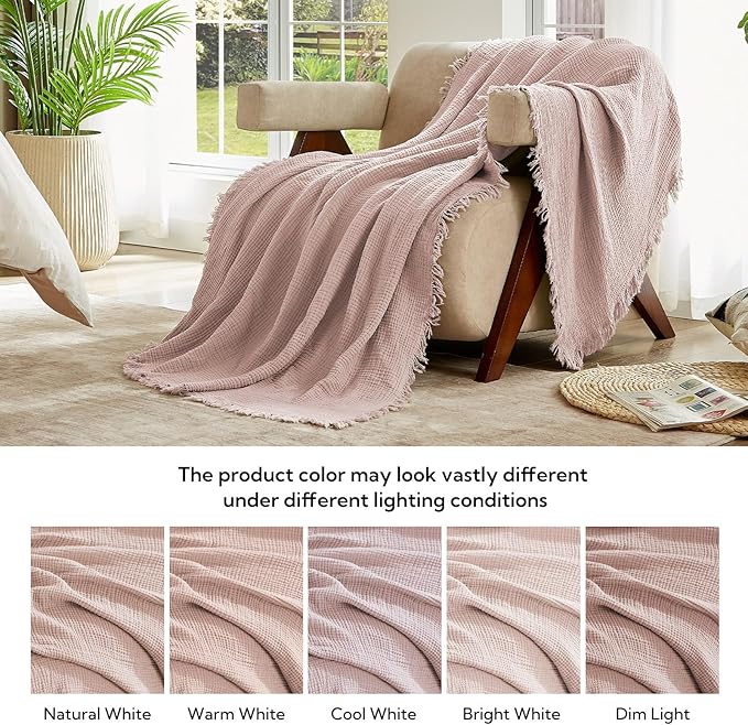 SOULFUL Muslin Throw Blanket with Tassels - Soft Cotton Throw Blanket for Couch or Bed, Lightweight and Breathable Gauze for All Seasons, LightChampagne, 50" x 60"