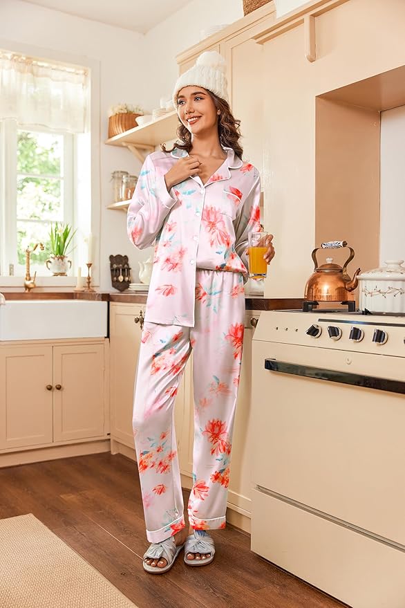 Ekouaer Women's Classic Button Down Long Satin Silk Pajama Set
