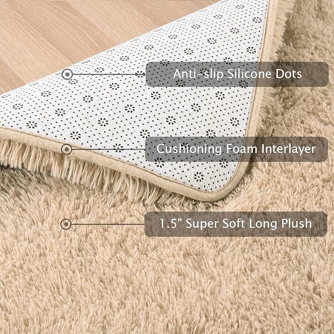 Softlife Beige Area Rug for Living Room, Fluffy Shag Plush 5.3x7.6 Rugs for Bedroom Girls, Shaggy Soft Fuzzy Kids Large Carpet for Dorm Bedside Ultra Cozy Non-Slip Indoor Decor