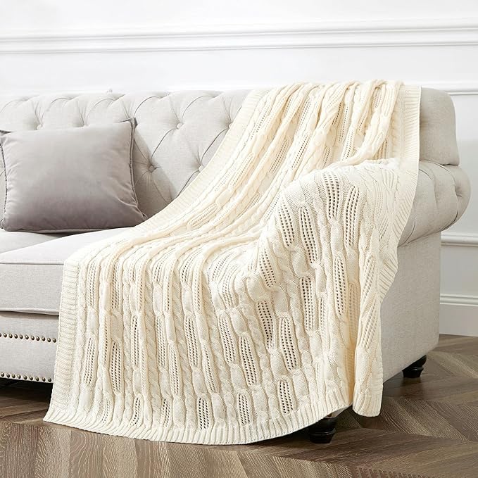 Aormenzy Cable Knit Throw Blankets 90 x 90 Inches, Soft Cozy and Lightweight Knitted Blanket, Machine Washable Acrylic Blanket, Decorative Throw Blanket for Couch Sofa Bed, Cream White