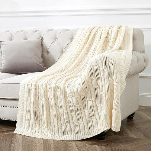Aormenzy Cable Knit Throw Blankets 60 x 80 Inches, Soft Cozy and Lightweight Knitted Blanket, Machine Washable Acrylic Blanket, Decorative Throw Blanket for Couch Sofa Bed, Cream White