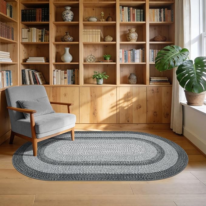 5x8 Oval Living Room Area Rug Washable Modern Border Bedroom Bedside Area Rugs Non Slip Low Pile Dining Room Oval Throw Carpet Contemporary Rugs for Living Room Kitchen Nursery, Grey