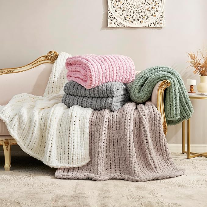 Amélie Home Chunky Knit Throw Blanket for Couch, Soft Chenille Handmade Crochet Throw Rope Knot Blanket for Couch, 50"x60", Ivory