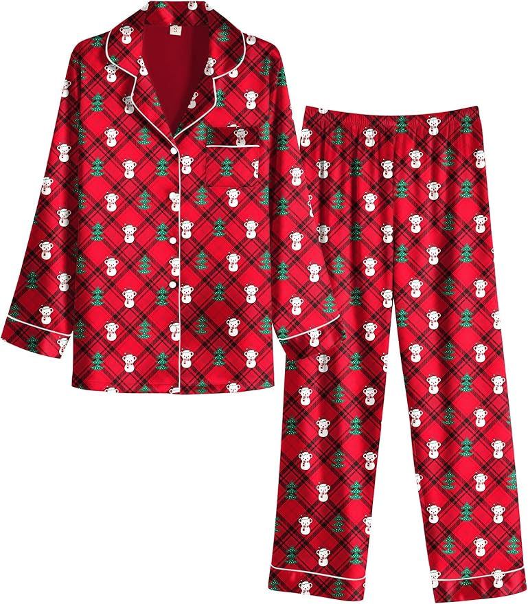 Ekouaer Women's Classic Button Down Long Satin Silk Pajama Set