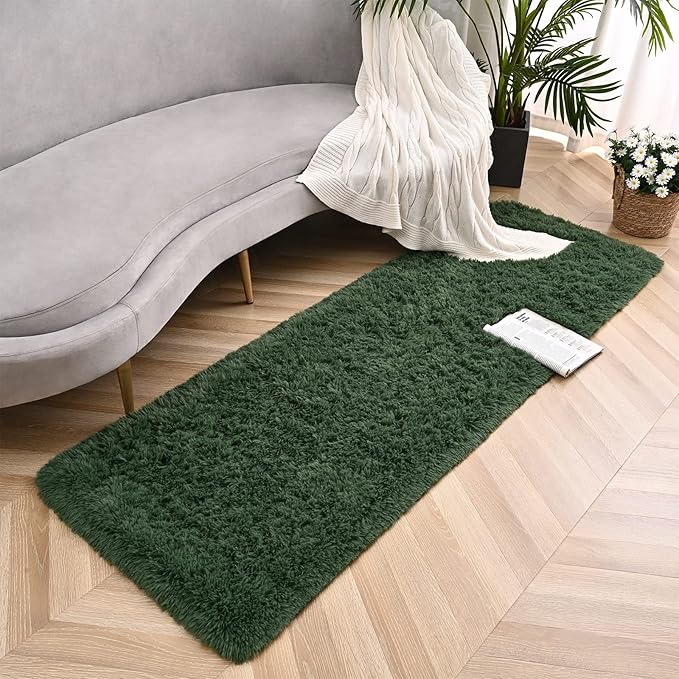 Deep Green Runner Area Rugs for Bedroom Living Room, 2x6 Feet Fluffy Bedside Rugs, Soft Shaggy Carpet Rug for Kids Room Nursery, Furry Cute Rugs for Girls Boys Dorm Room Home Decor