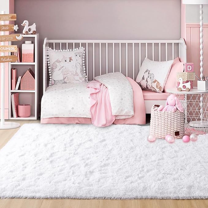 ISEAU Super Soft Fluffy Rugs Shag Area Rug for Bedroom Living Room Fuzzy Mat Plush Anti-Slip Carpets Bedside Mats for Boys Girls Teen Room Nursery Home Decor, 3ft x 5ft, White