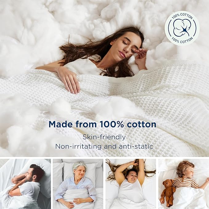 Bedsure Gentlesoft 100% Cotton Blanket King Size for Bed - Cooling Breathable and Soft for Spring Summer, Thick Cozy Waffle Weave Blanket Gifts for Women, White, 104x90 inches