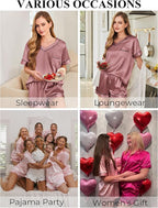 Silk Pajamas for Women Short Sleeve Satin 2 Piece Pj Set Soft V Neck Sleepwear Loungewear, S-XXL