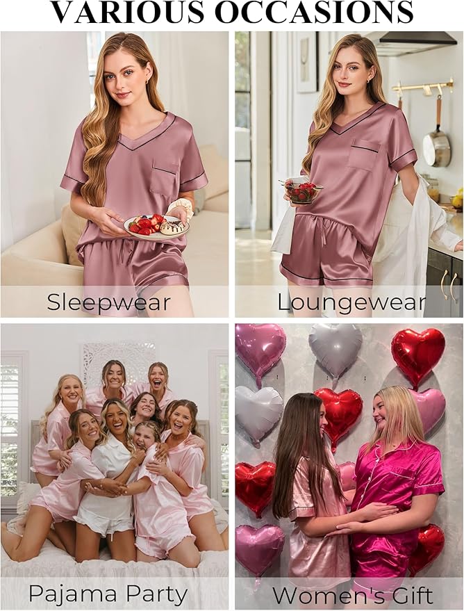 Silk Pajamas for Women Short Sleeve Satin 2 Piece Pj Set Soft V Neck Sleepwear Loungewear, S-XXL