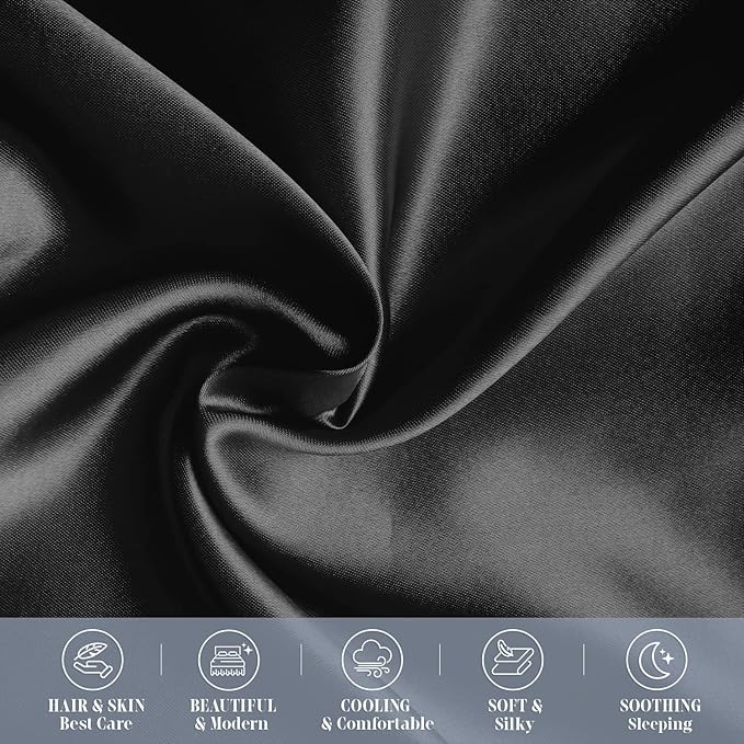 Elegant Comfort 2-Pack Cooling Viscose Satin Pillowcase Set with Hidden Zipper Closure, Silky Smooth for Best Hair and Skin Care-Beautiful Gift Box-2-Piece Satin Pillowcase Set, Standard/Queen, Black
