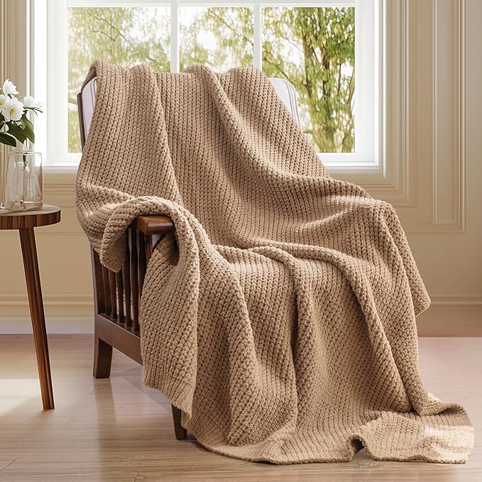 Waffle Knit Blanket Twin Size, Luxury Cozy Chunky Knit Blanket for Couch, 60 x 80 Inch Thick Ultra-Soft Feather Yarn Knitted Blankets for Sofa, Bed, Home Decor - Beige