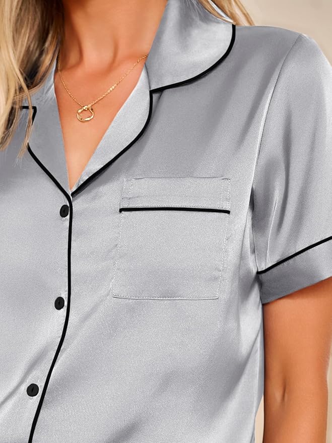 LILLUSORY Silk Satin Pajama Set for Women 2 Piece Lounge Pjs Winter Matching Summer Sleepwear Button Down Shirt Shorts