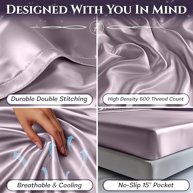 SLEEP SANCTUARY Satin Sheets Full Size – 4 Piece Luxury Silky Bed Set, Softer Than Silk, 15" Deep Pocket, Cooling & Wrinkle-Free, Moisture-Wicking & Breathable for Hair & Skin (Lavender)