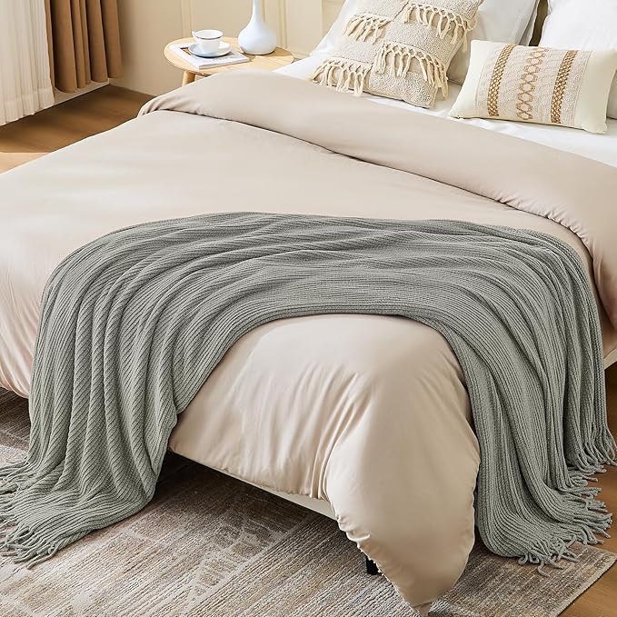 inhand Throw Blanket for Couch Bed,Chunky Chenille Woven Soft Blankets with Tassels, Cozy Boho Farmhouse Fall Winter Decor,Warm for Women,60"x80",Medium Thick-Light Grey