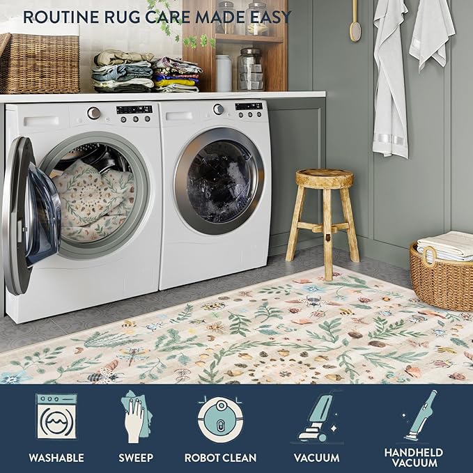 Lahome Chloe Insect Botanical 3x5 Washable Rugs for Entryway Soft Rug for Bedroom, Beige Kitchen Rugs Non Slip Washable, Boho Floral Indoor Throw Carpet for Bathroom Laundry Living Room(Beige,3x5)