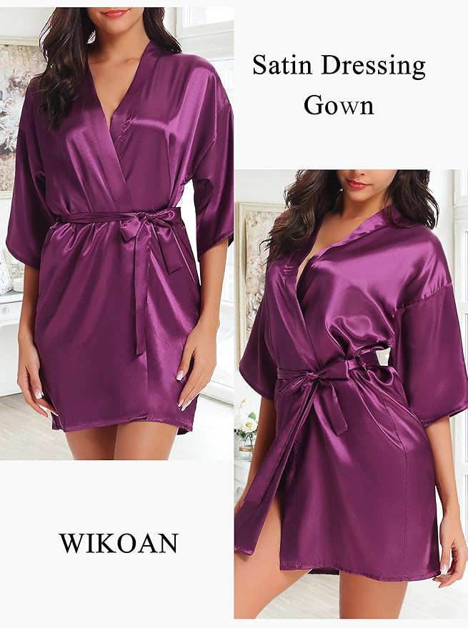 Women's Short Satin Robe Silky Bathrobes Bridal Bridesmaid Kimono Robe V-Neck Sleepwear S-XXL