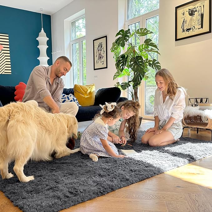 OLANLY 8x12 Machine Washable Large Area Rugs for Living Room, Bedroom, Soft Fluffy Shaggy Bedside Rug, Indoor Floor Carpet for Kids Girls and Boys, Dorms, Nursery, Home Decor Aesthetic, Grey
