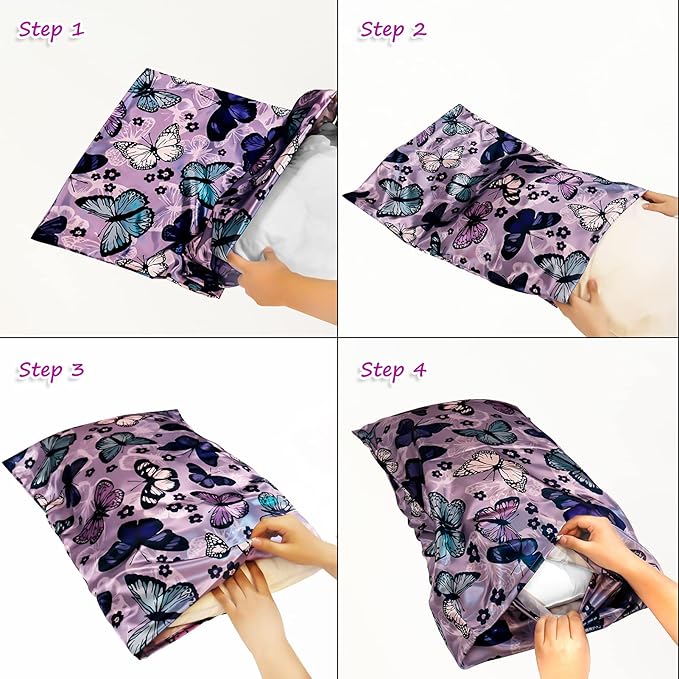 Satin Pillowcase for Hair and Skin, Soft Satin Pillow Cases Queen Size Pack of 2, Cooling Silk Satin Pillowcase Set with Envelope Closure (20’’x30’’, Purple, Butterflies & Flower)