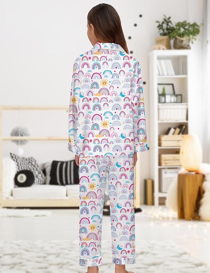 EPLAZA Kids Satin Pajamas Sets Girls Boys Button-Down Silky Pajamas Sleepwear with Hairband Eye Mask Hair Tie