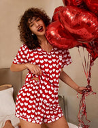 ASTANFY Valentines Day Pajamas Women 2 Piece Silk Valentine Pjs Cute Heart Pajamas V Neck Satin Sleepwear Loungewear Set