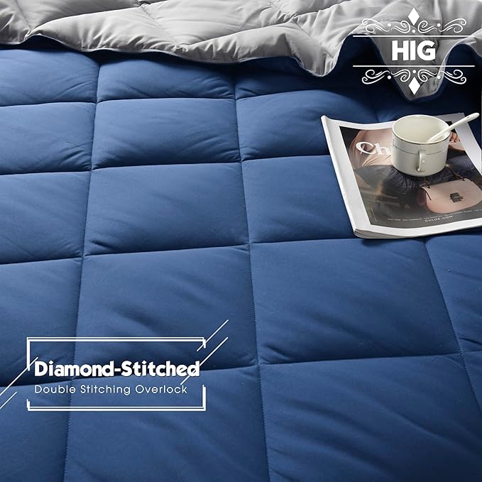 HIG 3pc Navy Full Size Comforter Set - All Season Reversible Down Alternative Comforter with Two Shams - Quilted Duvet Insert with Corner Tabs - Box Stitched Blanket - Breathable, Soft, Fluffy