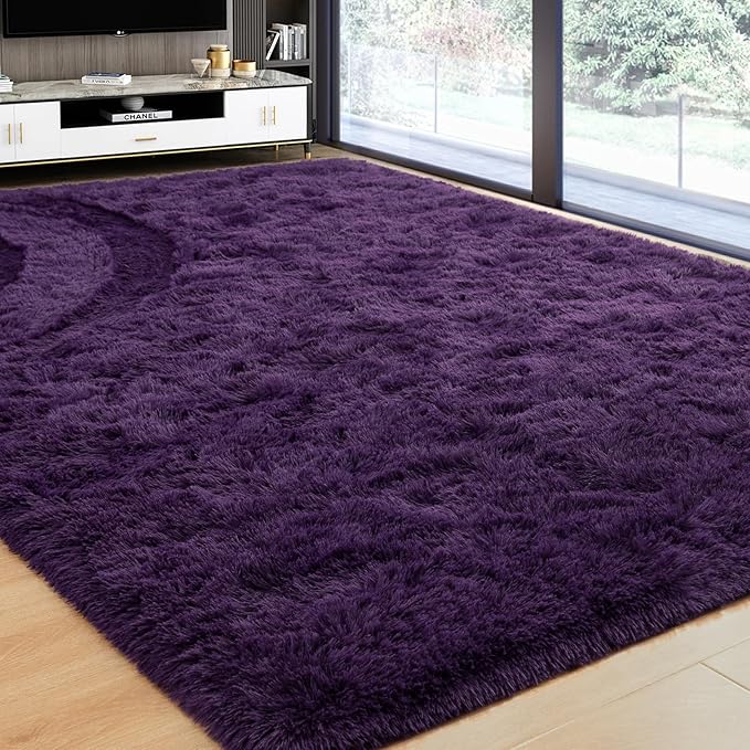 Softlife Dark Purple Area Rug for Living Room, Fluffy Shag Plush 6x9 Rugs for Bedroom Girls, Shaggy Soft Fuzzy Kids Large Carpet for Dorm Bedside Ultra Cozy Non-Slip Indoor Decor