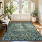 Lessymo Floral Living Room Rug 5x7 Area Rug, Vintage Forest Washable Rugs for Dining Room, Bedroom, Low Pile Non Slip Rubber Green Mat, Vintage Distressed Boho Flower Print, Forest Green