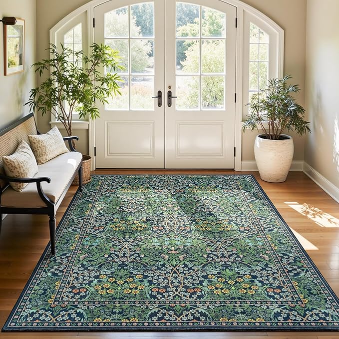 Lessymo Dining Room Rugs for Under Table, 6x9 Washable Forest Green Oriental Area Rug for Living Room, Non Slip Low Pile Carpet for Bedroom, Stain Resistance Vintage Floral Design Decor