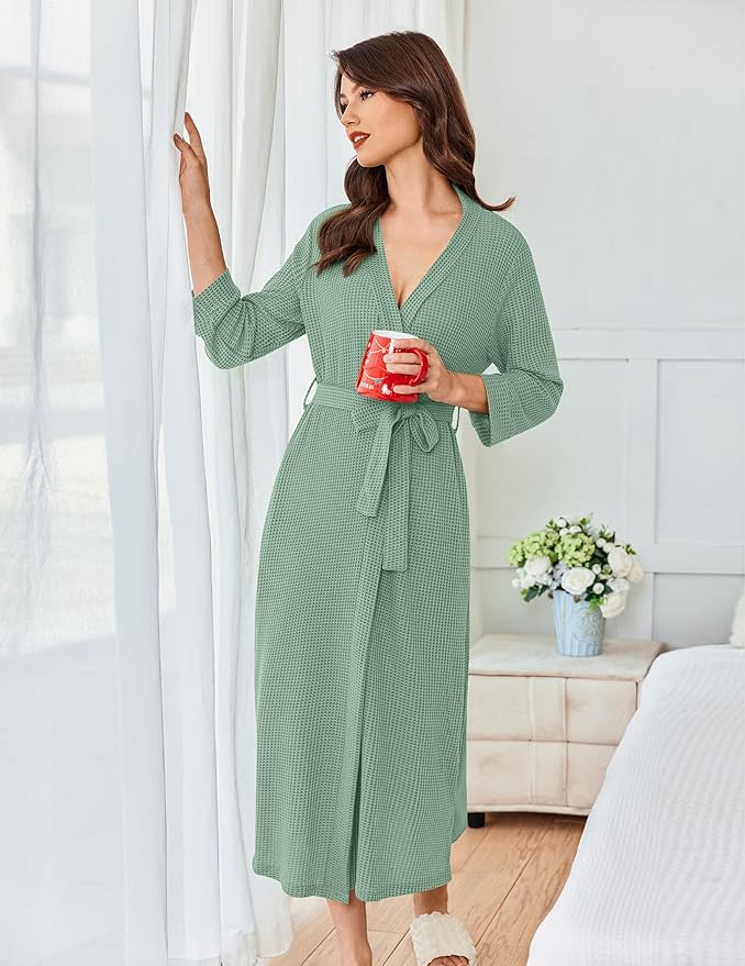 Ekouaer Women's Robe Long Waffle Knit Bathrobe Lightweight Soft Kimono Robes Loungewear S-XXL