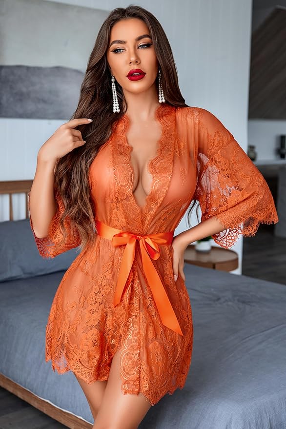 Avidlove Women's Lace Kimono Robe Babydoll Lingerie Mesh Nightgown S-5XL