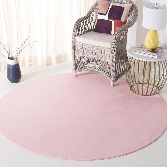 SAFAVIEH Washable Rug Faux Rabbit Fur Shag Collection - 6' Round, Pink, Slip Resistant & Easy Cleaning, Ideal for Living Room, Bedroom, Kids Playroom, Nursery, Dining Space (FRF100U)