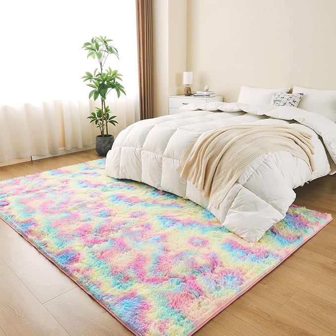 Litanika 6x9 Shag Area Rug for Living Room Bedroom, Tie-Dyed Rainbow High Pile Soft Plush Shaggy Furry Cute Bedside Playroom Dorm Carpet, Non-Slip, Non-Shedding Modern Indoor Floor Rug