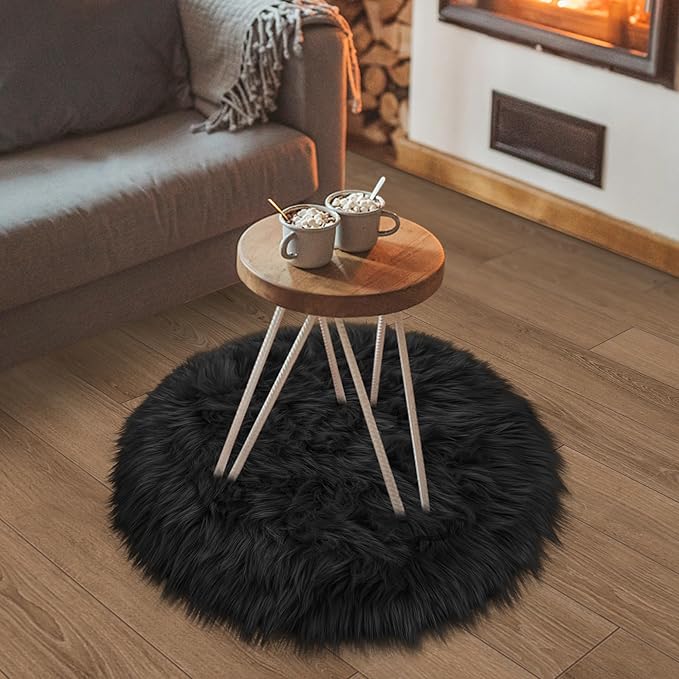 Small Black Round Rug 2ft for Bedroom, Faux Fur Fluffy Circle Rug Furry Carpet for Kids Room Teen's Room Nursery Desk, Plush Circular Shaggy Rug for Living Room Dorm Decor Aesthetic Black